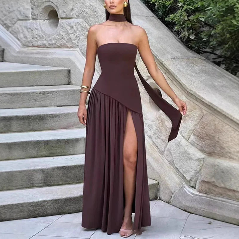 Sylue Long Dress Strapless Pleated Backless High Slit