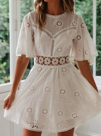 Sylue Short Dress White Backless Floral Embroidery Cotton