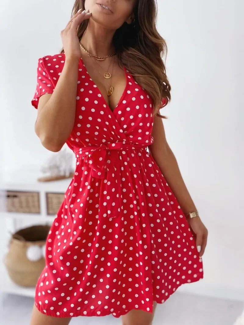 Sylue Short Dress Summer Polka Dot V-Neck Belt