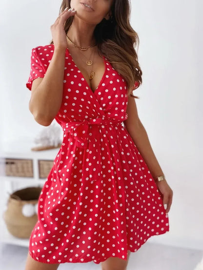 Sylue Short Dress Summer Polka Dot V-Neck Belt