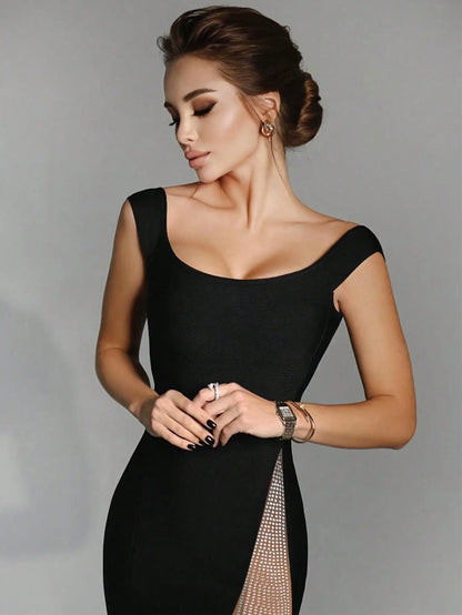 Sylue Long Dress Black Spaghetti Strap Crystal Bodycon