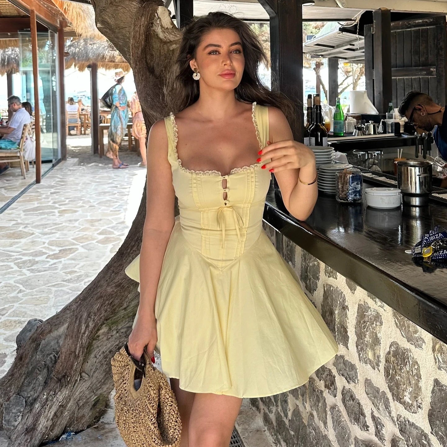 Sylue Short Dress Summer A-Line Yellow Lace-Up