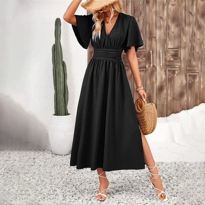 Sylue Long Dress Ruffle Pleated V-Neck Lace-Up