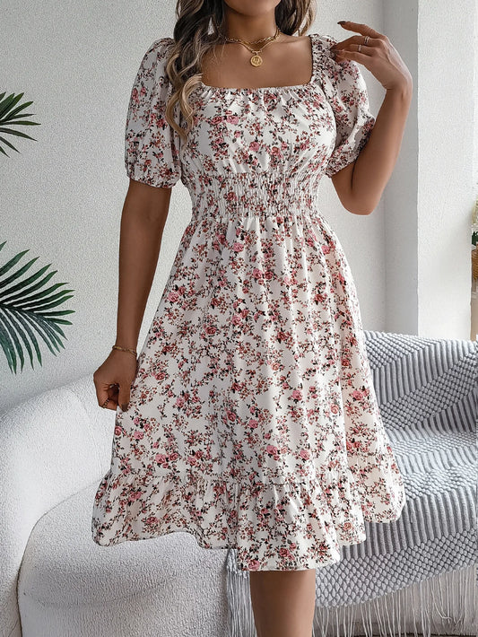 Sylue Short Dress Floral 3D Print Square Neck