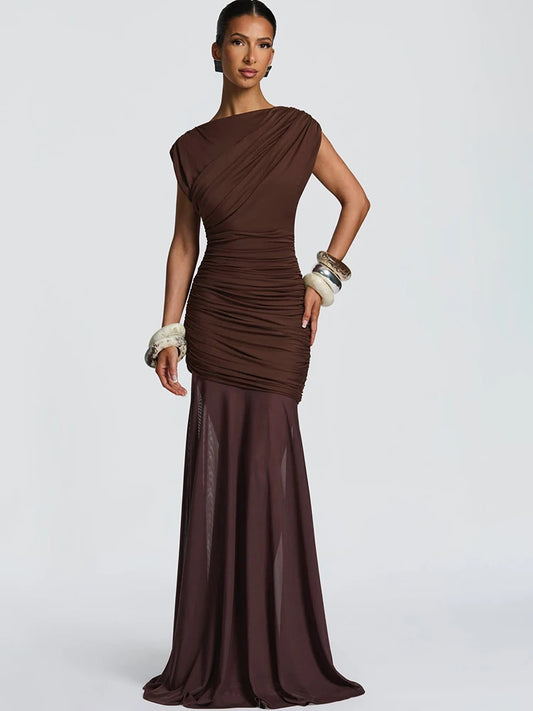 Sylue Long Dress Patchwork Ruched Mesh See-Through