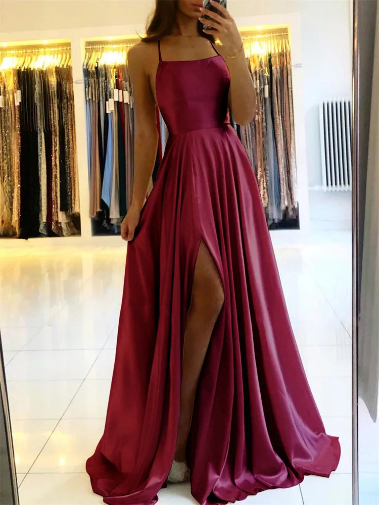 Sylue Long Dress Burgundy Satin Maxi Sexy Side Slit