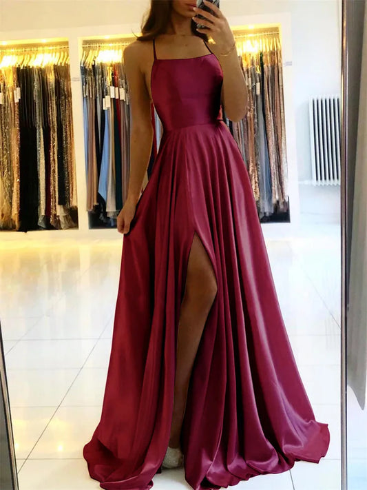Sylue Long Dress Burgundy Satin Maxi Sexy Side Slit 