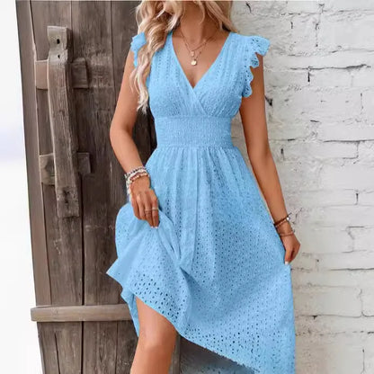 Sylue Long Dress Summer V-Neck Hollow Lace Casual