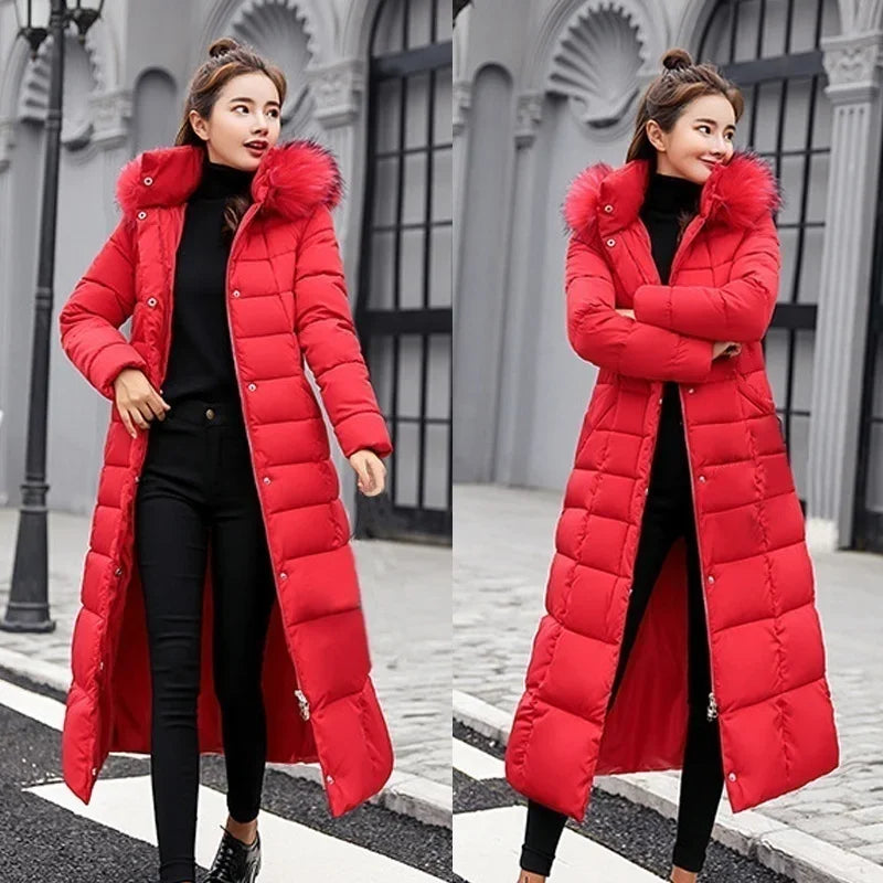 Bow Belt Fox Fur Collar Winter Coat