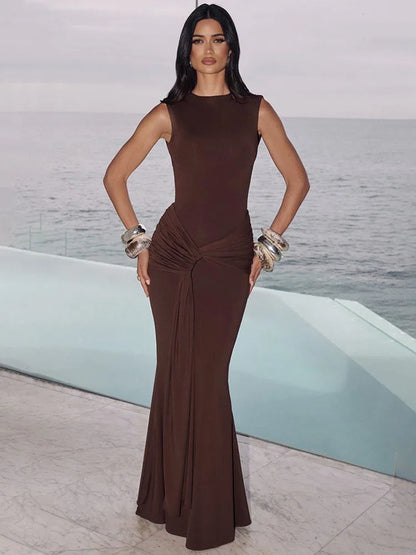 Sylue Long Dress Backless Ruched Draped Elegant Maxi