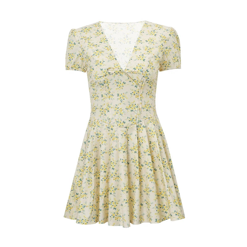 Sylue Short Dress Retro Print V-Neck Ruffled