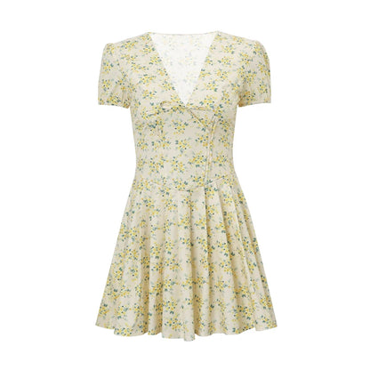Sylue Short Dress Retro Print V-Neck Ruffled