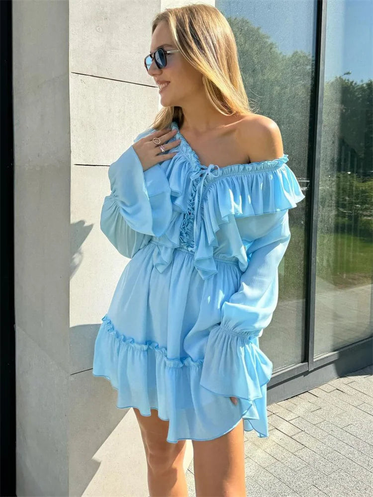 Sylue Long Dress Ruffled V-Neck White Elegant Lace-Up