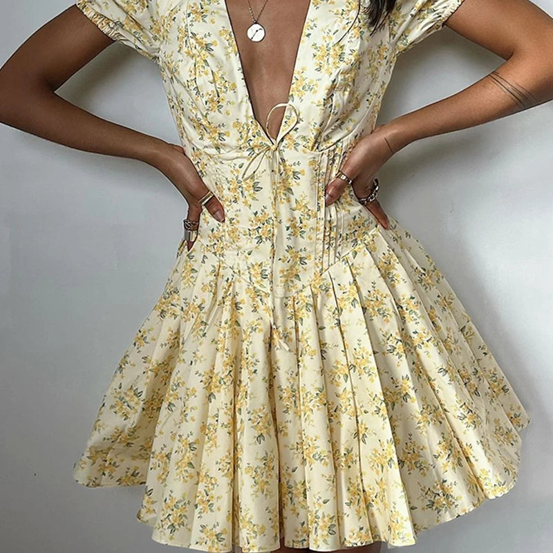Sylue Short Dress Retro Print V-Neck Ruffled