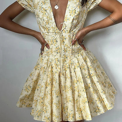Sylue Short Dress Retro Print V-Neck Ruffled