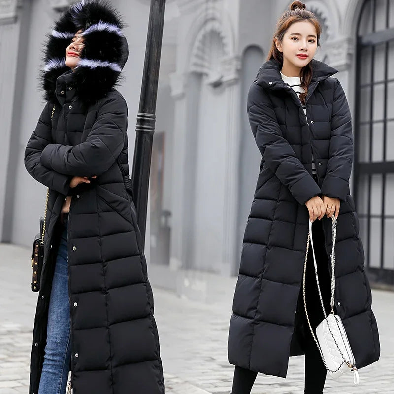 Bow Belt Fox Fur Collar Winter Coat