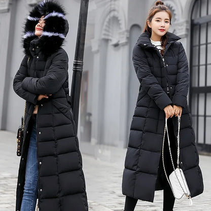 Bow Belt Fox Fur Collar Winter Coat