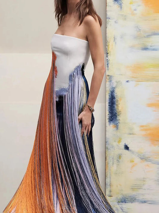 Sylue Long Dress Tassel Print Strapless Backless Split