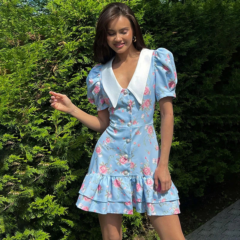 Sylue Short Dress Puff Sleeves V-Neck Ruffled Mini