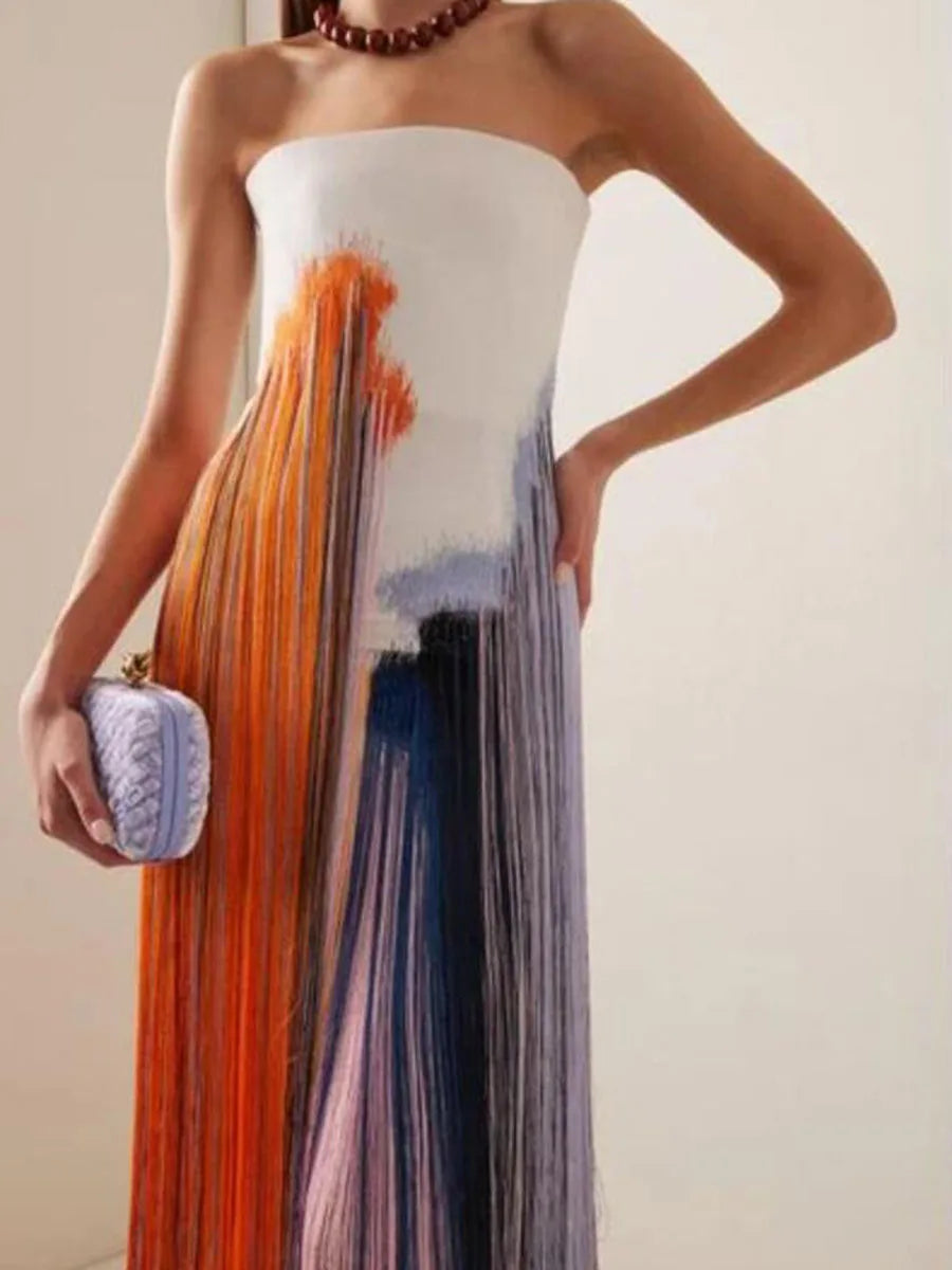 Sylue Long Dress Tassel Print Strapless Backless Split