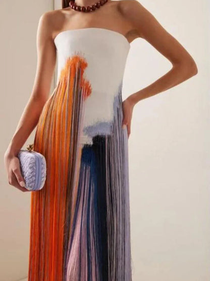 Sylue Long Dress Tassel Print Strapless Backless Split